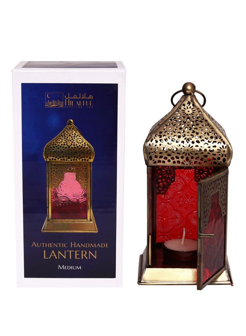 HILALFUL Handmade Decorative Candle Lantern, Medium | Suitable for Indoor & Outdoor Décor | Moroccon Arabian Style | For Home Decoration in Ramadan, Eid | Iron | Islamic Gift | Red Glass - Image 3